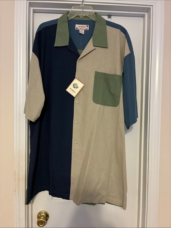 Summa Other - SUMMA Men’s 2XLT Colorblock Short-Sleeve Button Down Shirt - Navy, Beige & Green